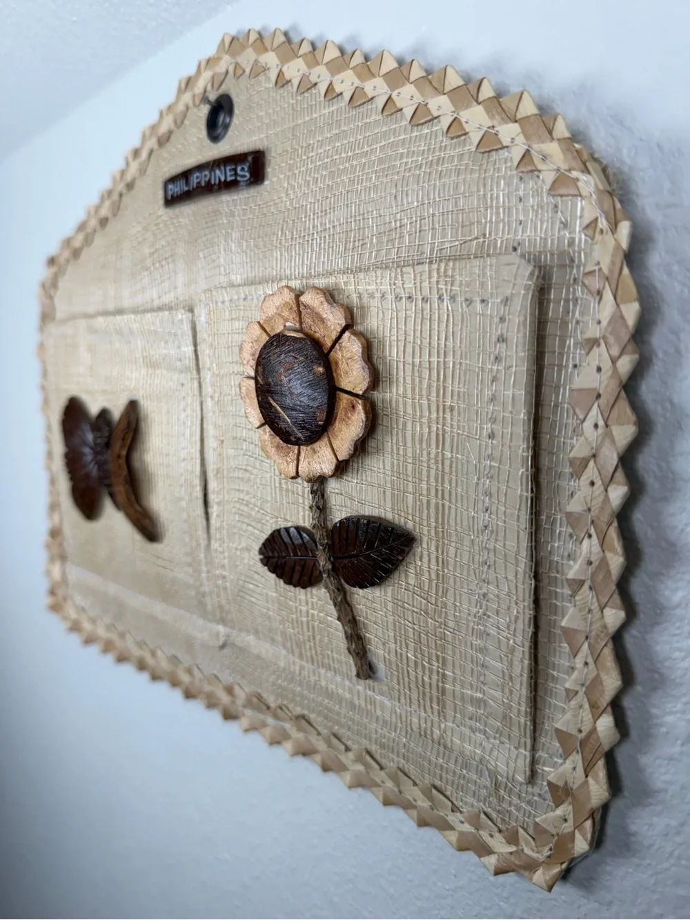 Vintage Woven Rattan Raffia Mail Bill Sorter Coconut Shell Butterfly Sunflower